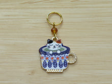 Load image into Gallery viewer, Sleepy cat in a teacup Stitch Marker / Progress Keeper