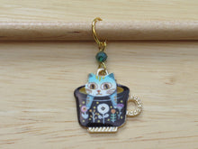 Load image into Gallery viewer, Funky cat in a teacup Stitch Marker / Progress Keeper