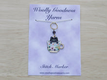 Load image into Gallery viewer, Black cat in a teacup Stitch Marker / Progress Keeper