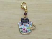 Load image into Gallery viewer, Black cat in a teacup Stitch Marker / Progress Keeper
