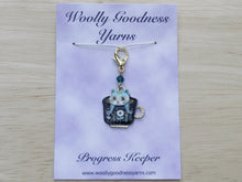 Load image into Gallery viewer, Funky cat in a teacup Stitch Marker / Progress Keeper
