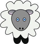 Larry the Sheep, the mascot and logo for Woolly Goodness Yarns. He's a small cartoon sheep with a white body, grey face, and black feet