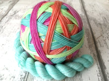 Load image into Gallery viewer, Silver Sparkle Self Striping Yarn in Summer Dream colourway with a coordinating mini skein