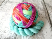 Load image into Gallery viewer, Silver Sparkle Self Striping Yarn in Summer Dream colourway with a coordinating mini skein