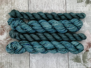 Deluxe Merino Nylon 4ply 50g in the In The Deep colourway with a coordinating mini skein