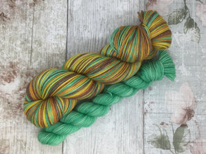 Silver Sparkle Self Striping Yarn in Autumn colourway with a matching mini skein