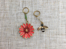 Load image into Gallery viewer, Bee and Red Flower Stitch Markers/Progress Keepers