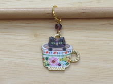 Load image into Gallery viewer, Black cat in a teacup Stitch Marker / Progress Keeper