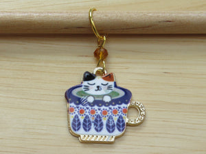 Sleepy cat in a teacup Stitch Marker / Progress Keeper