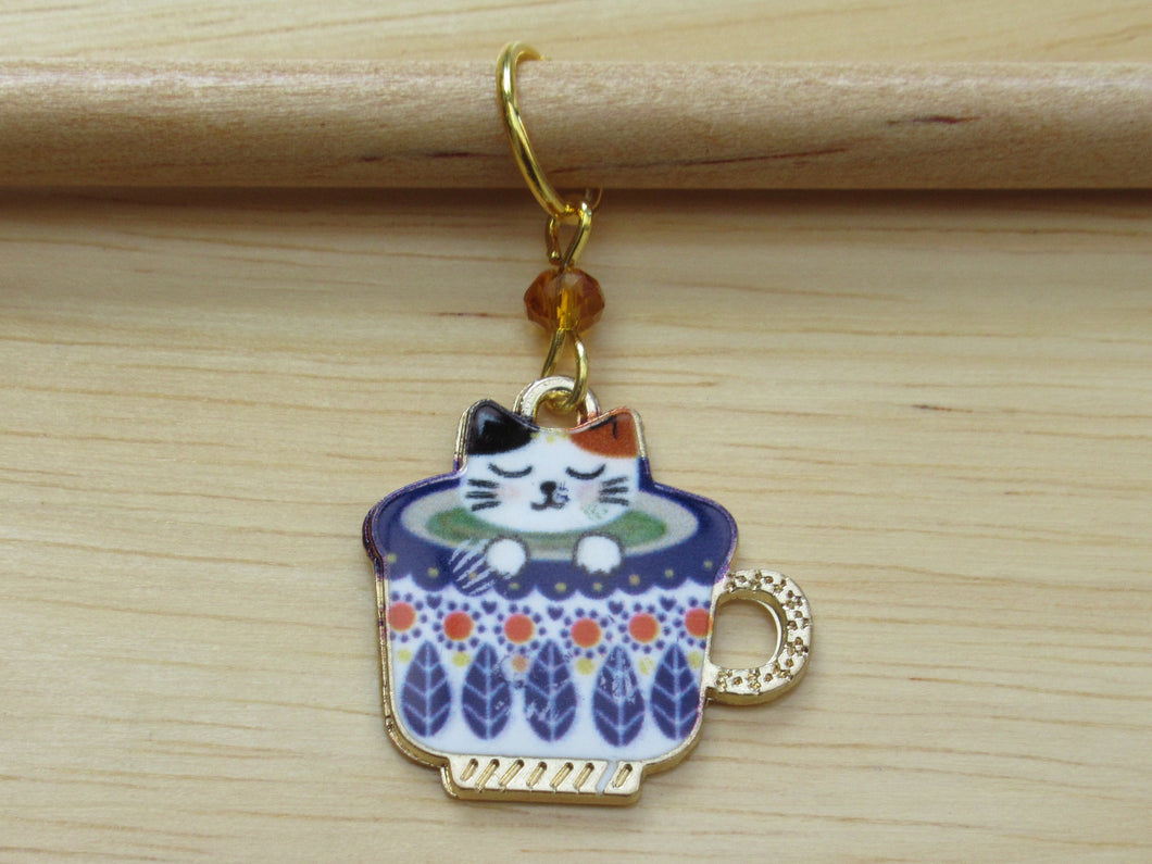 Sleepy cat in a teacup Stitch Marker / Progress Keeper