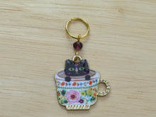 Load image into Gallery viewer, Black cat in a teacup Stitch Marker / Progress Keeper