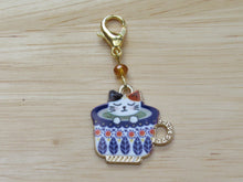 Load image into Gallery viewer, Sleepy cat in a teacup Stitch Marker / Progress Keeper