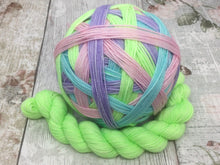 Load image into Gallery viewer, Biosock Merino Nylon Self Striping Yarn in &#39;Feelings Of Spring&#39; colourway with a matching mini skein