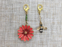 Load image into Gallery viewer, Bee and Red Flower Stitch Markers/Progress Keepers