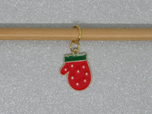Load image into Gallery viewer, Red Mitten with Gold Spots Stitch Marker / Progress Keeper