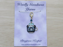 Load image into Gallery viewer, Funky cat in a teacup Stitch Marker / Progress Keeper